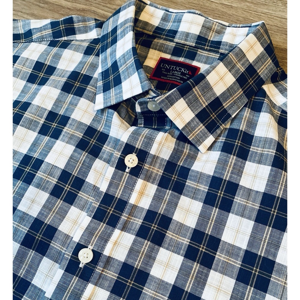 UNTUCKit Navy, White & Tan Plaid Casual Button-Down Shirt